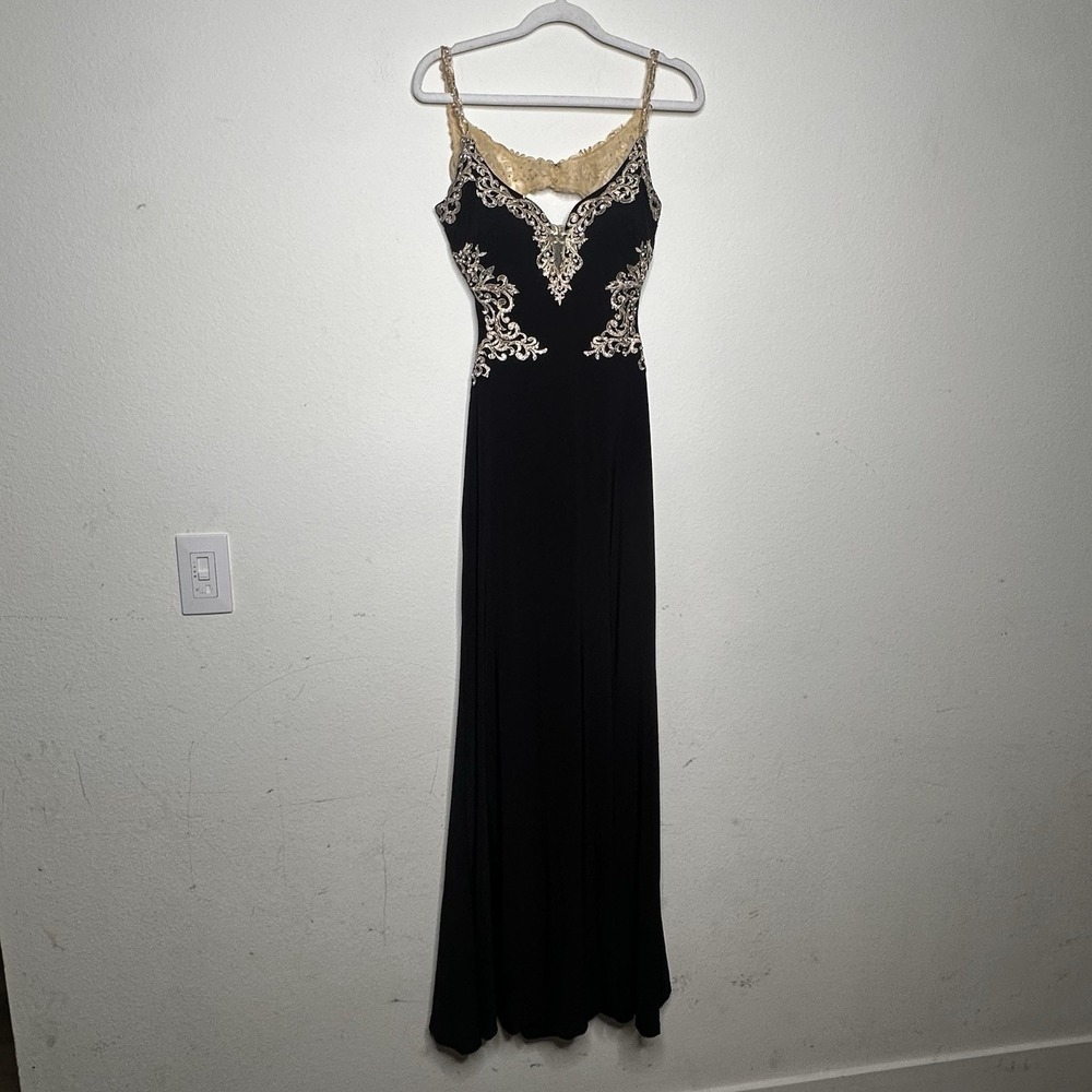 Cachet Womens Black Maxi Jersey Embroidered Bodice Dress Open Back Gold 0Petite